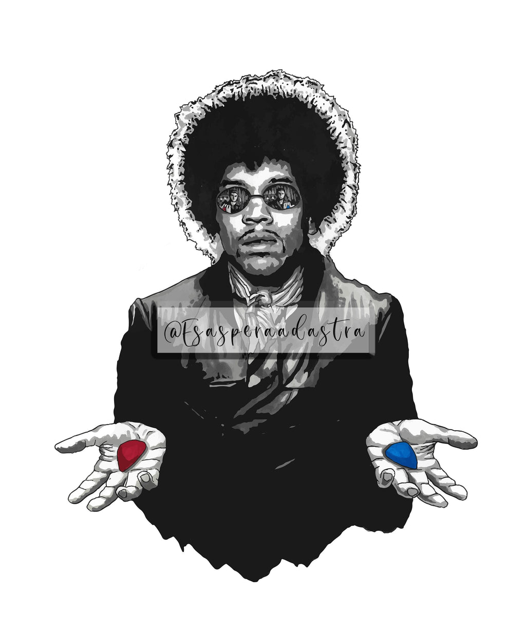 Illustrazione di Jimi Hendrix in stile Matrix con pillola rossa e blu