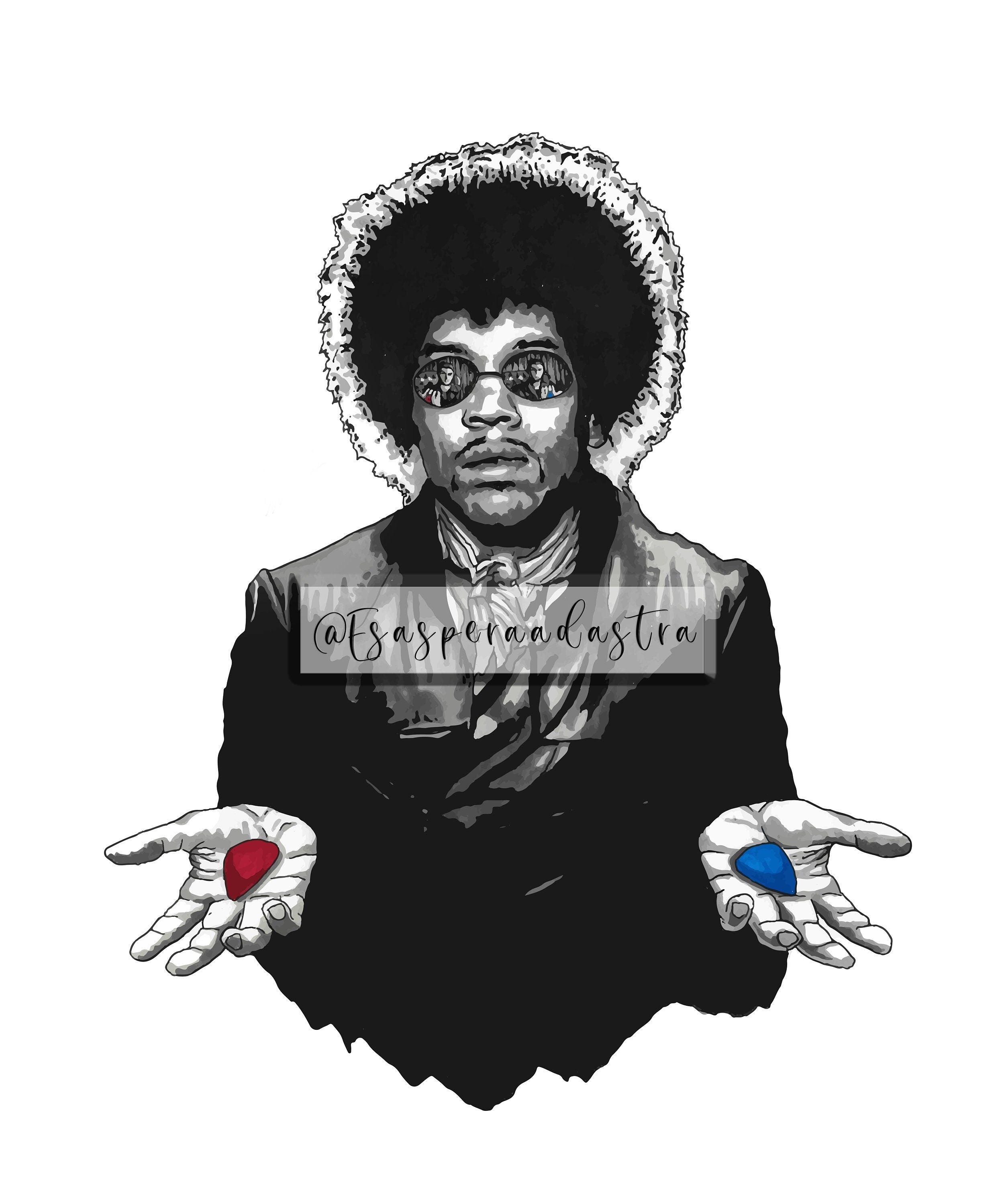 Illustrazione di Jimi Hendrix in stile Matrix con pillola rossa e blu